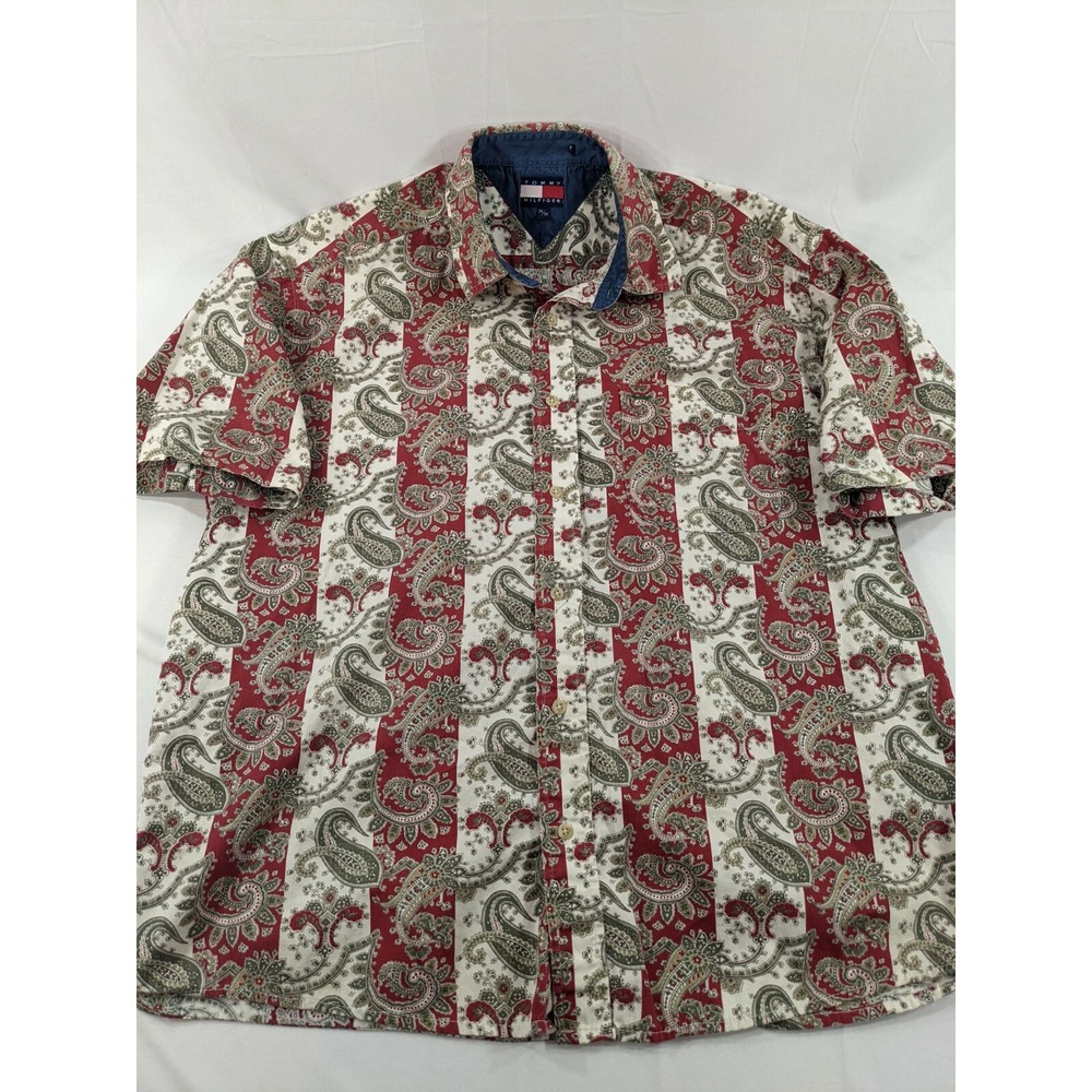 VTG Tommy Hilfiger Men's Floral Paisley Casual Shirt White Maroon Size Medium